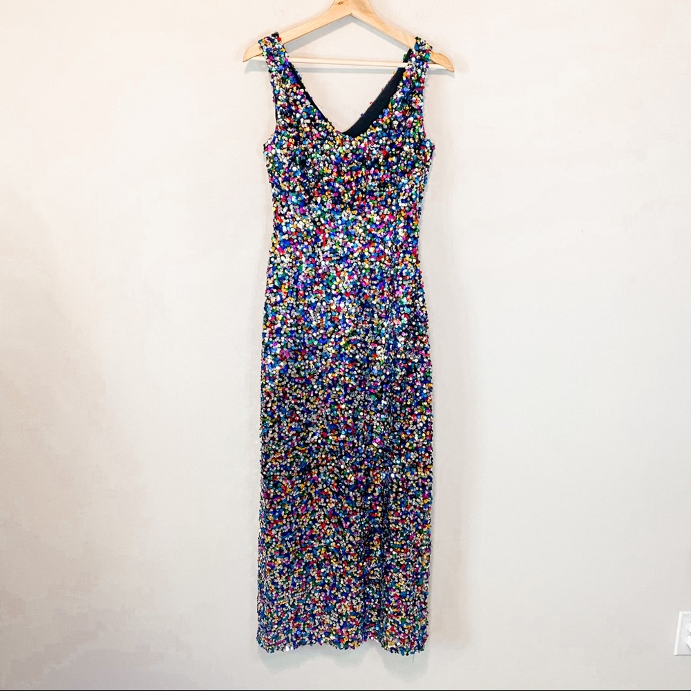 Cachet Rainbow Sequin V neck prom dress side slit